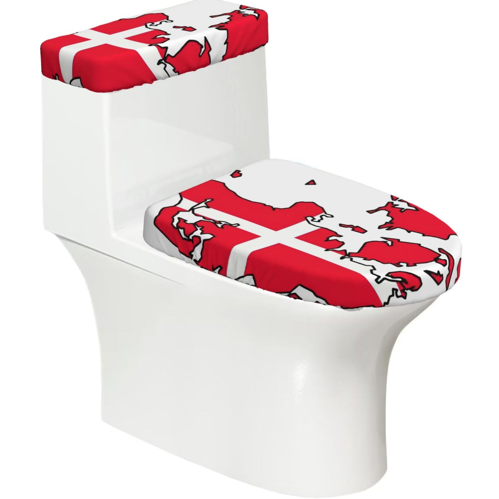 Danish Flag Map Printed Toilet Tank and Lid Cover Set of 2 for Most Bathrooms, Fits Elongated Round Toilets