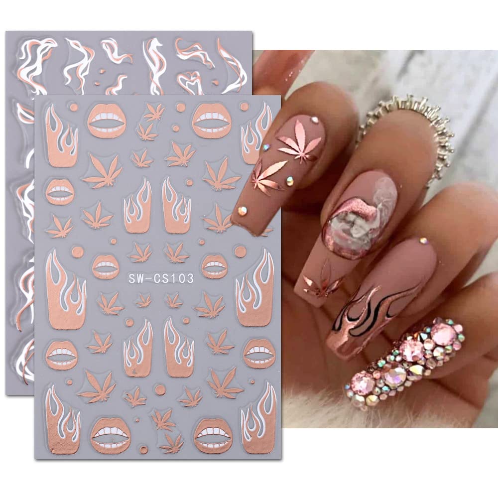 8 Sheets French Nail Art Stickers Decals Self Adhesive Line Nail Decals 3D Abstract Nail Art Supplies Luxury Lip Flame Maple Leaf Star Moon Designer Nail Stickers for Nail Art Decorations
