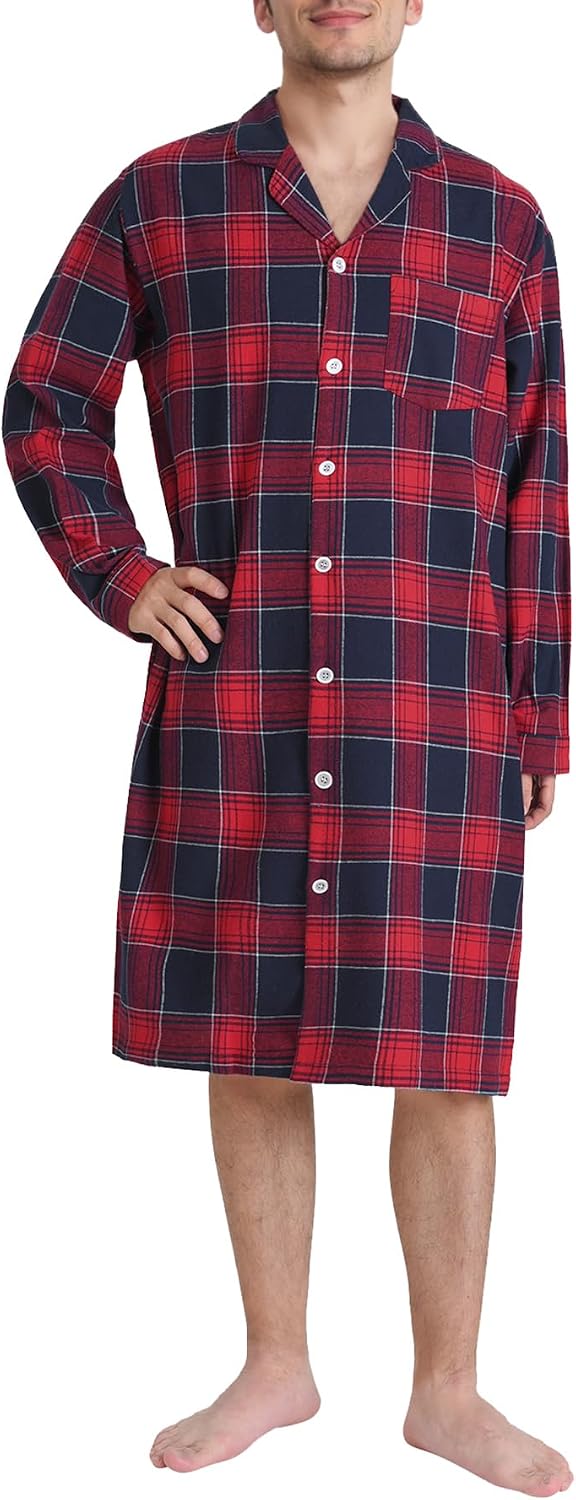 Latuza Men's Cotton Flannel Nightshirt Button Down Sleep Shirt