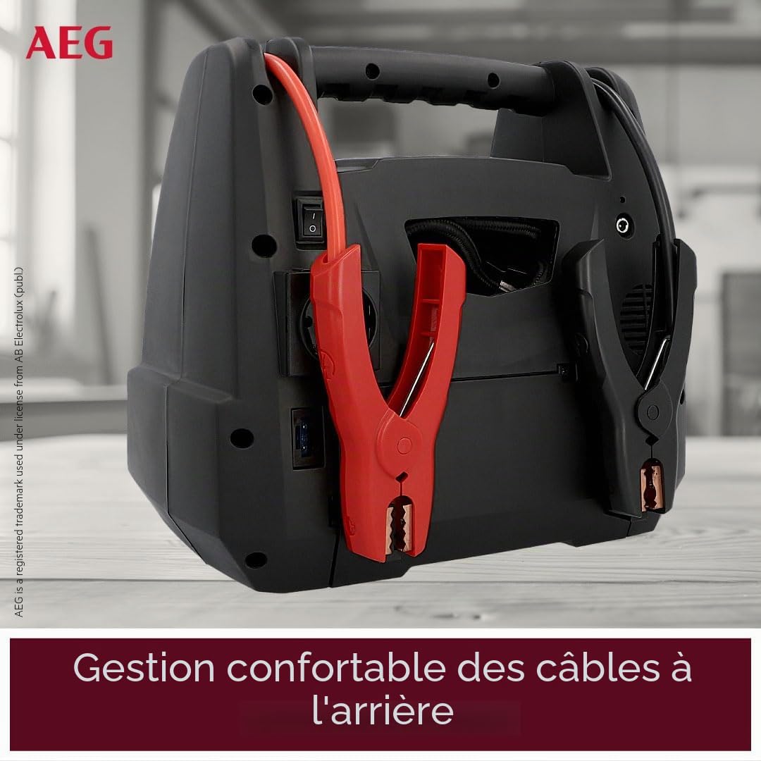 AEG - Station d'énergie Portable - 12 V - avec démarreur Automatique, compresseur d'air, convertisseur de Tension 220 V, Prise de Courant et 4 Ports USB, Noir/Rouge