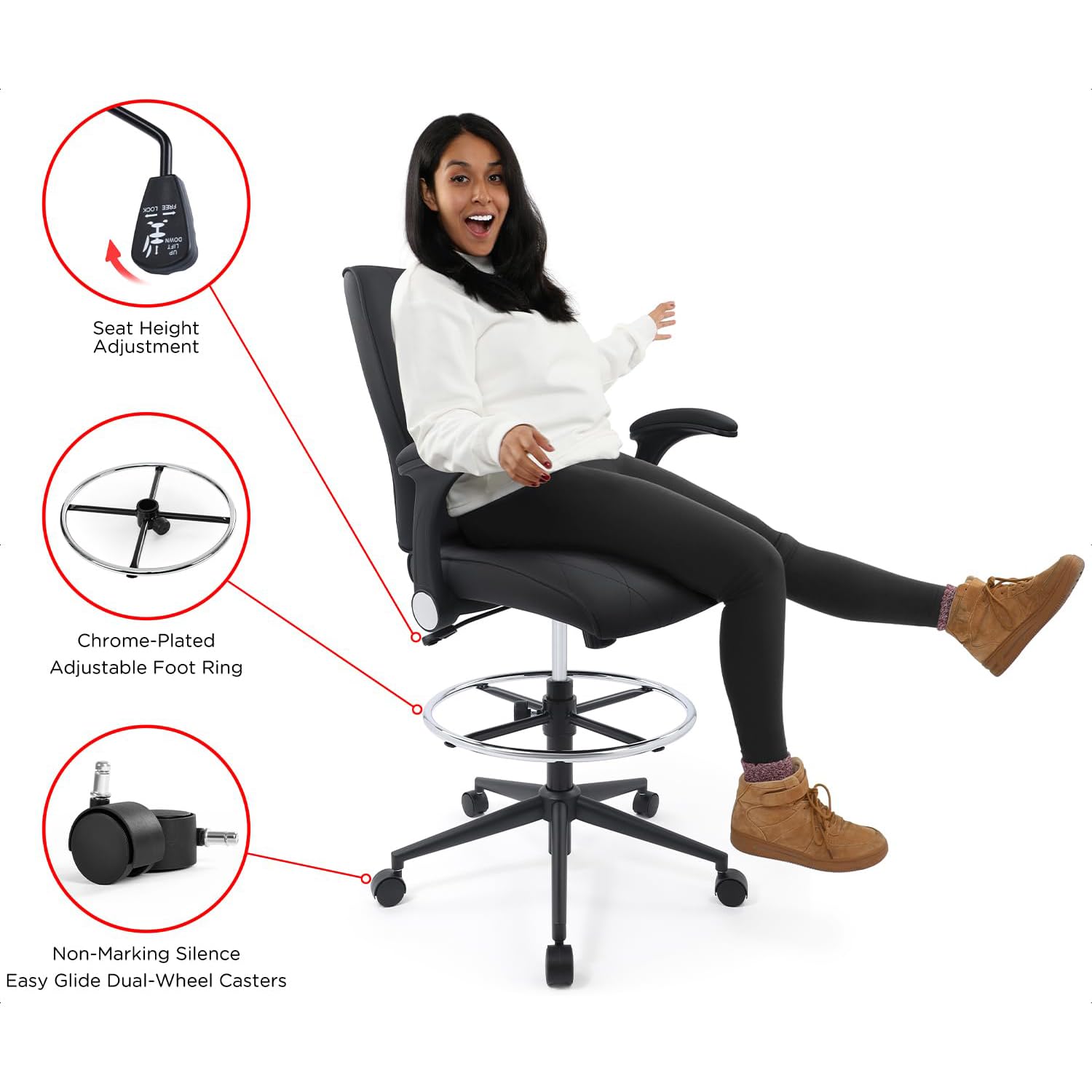 Ergonomic Adjustable Drafting Chair Extra Tall Office Stool for Standing Desk Mid Back Faux Leather Counter Height Comfortable — view 4