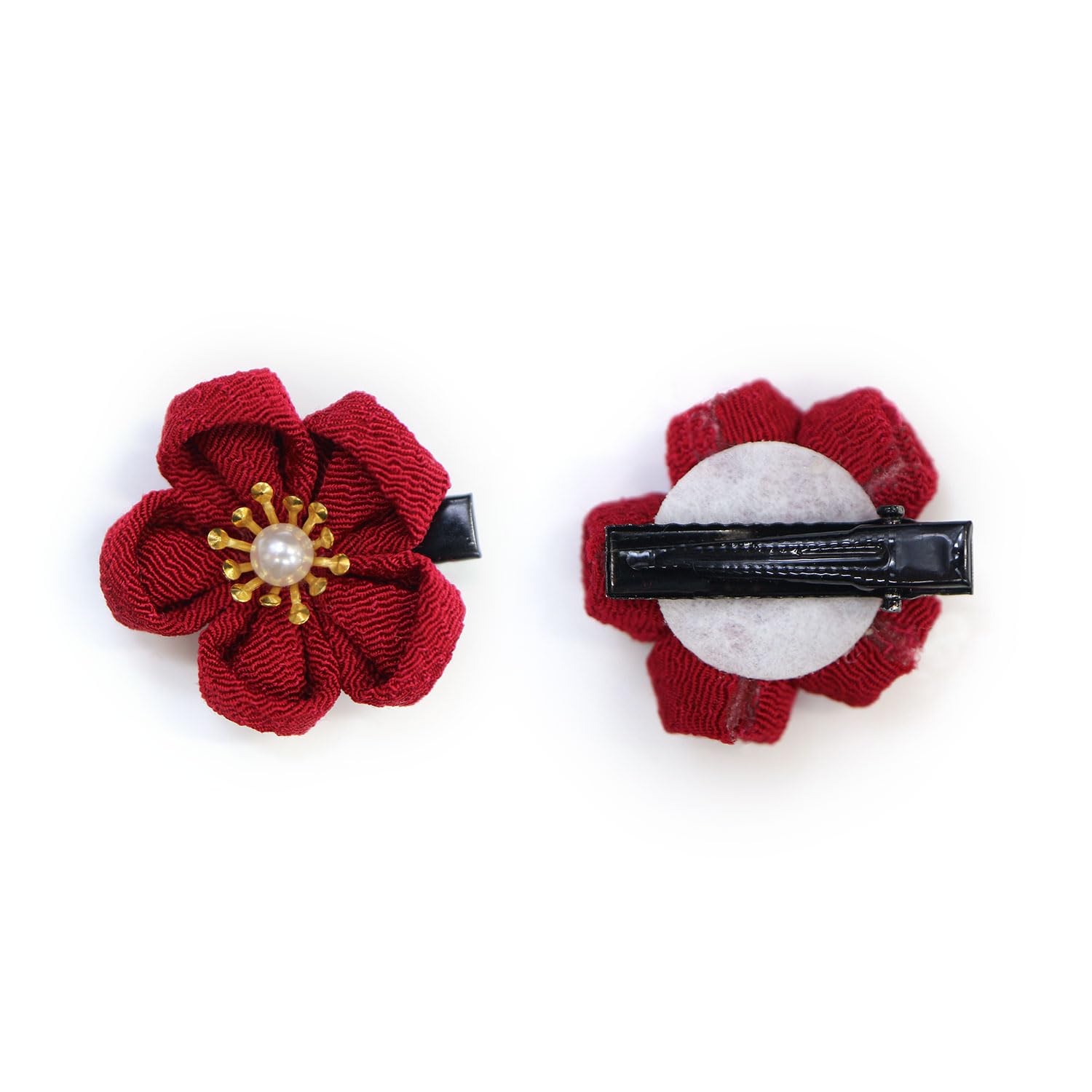 Tsumami Craft Flower Hair Clips, Wine Red Pair