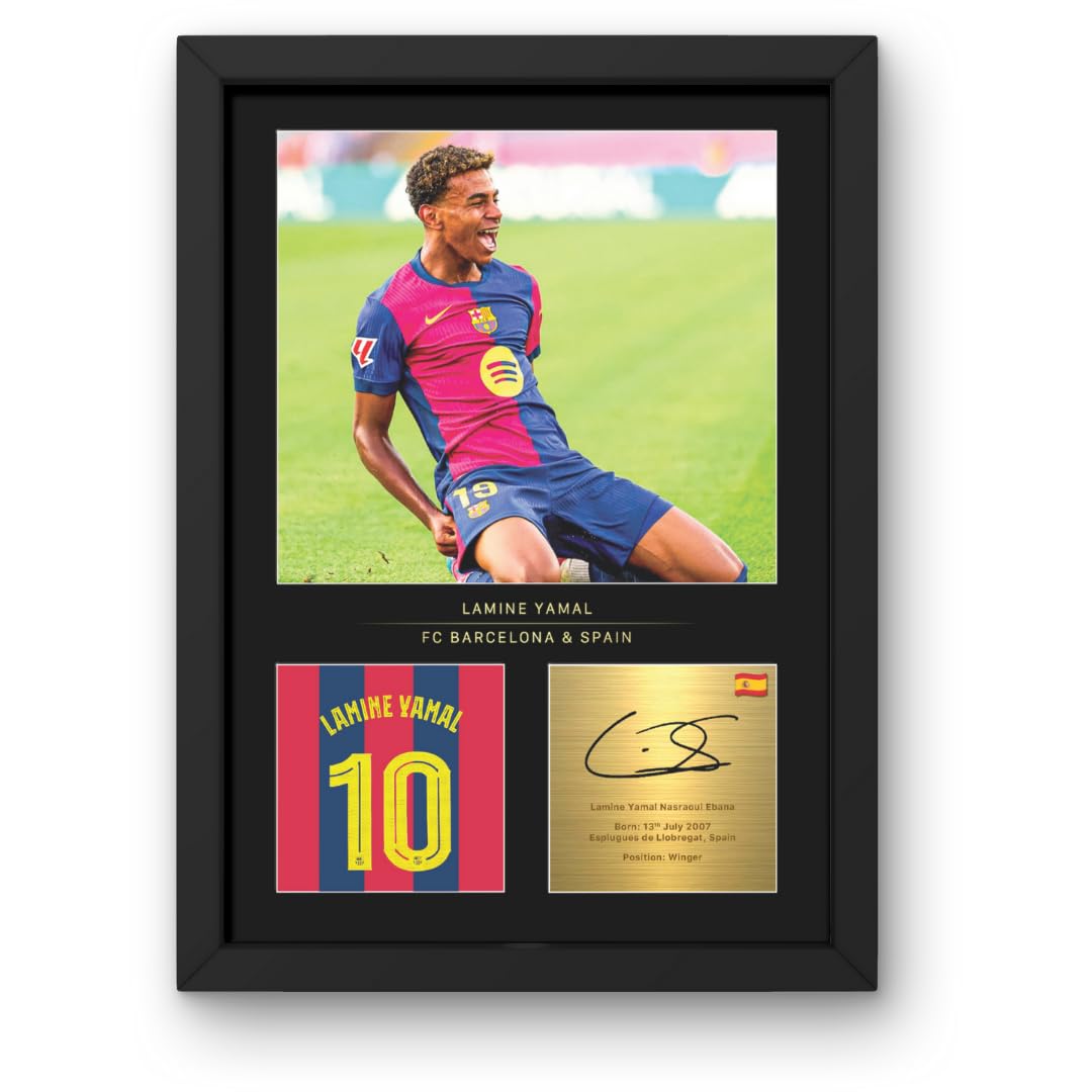 Win FC Lamine Yamal Gerahmtes Foto, A4, reproduzierte digitale Signatur, Geschenk für Barcalona-Fans