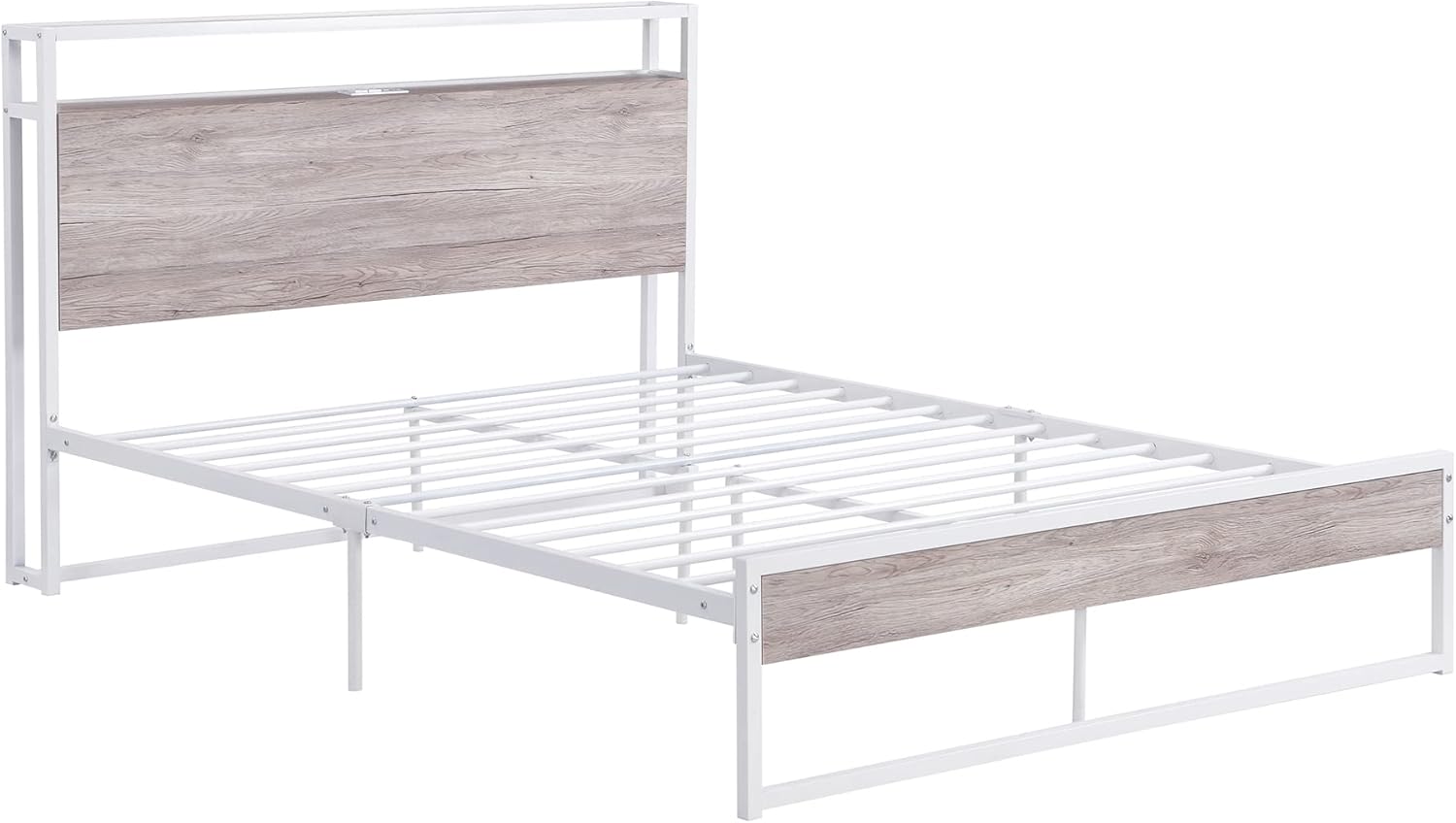 Full Size Modern Metal Platform Bed Frame with Sockets, USB Ports, Slat Support, No Box Spring Needed, White, 82.3" L x 55.6" W x 39" H