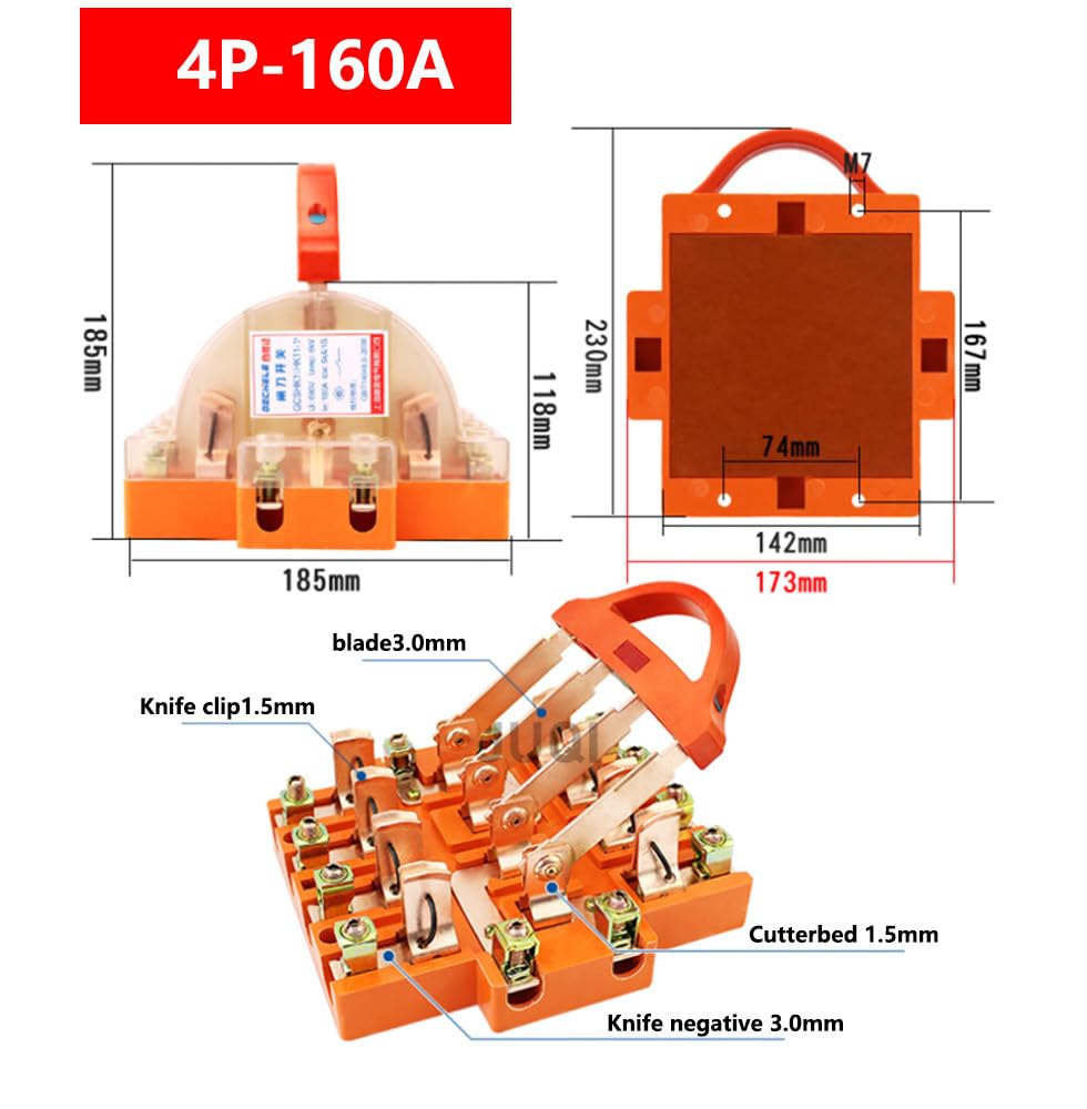 EAMOM 4P Knife Switch 32A 63A 100A 160A 225A Two-Phase Knife Switch high Power 220V Double Throw Disconnector(4P Transparent 160A)