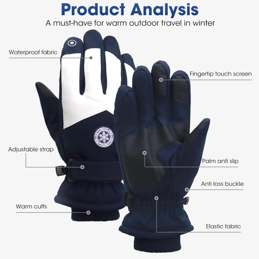 Gustave® Winter Gloves for Men, Waterproof and Windproof Outdoor Riding Gloves, Touch Screen Design Bike Gloves with Soft Fluff Lining, Anti-Slip Grip for Hiking and Cycling, Blue + White - Image 4 thumbnail