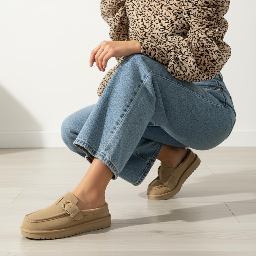 CUSHIONAIRE Origin Genuine Suede Mule Clogs for Women, Cozy Slip-On Moc Toe Loafer with Buckle and Faux Fur Cushioned Footbed - Image 2