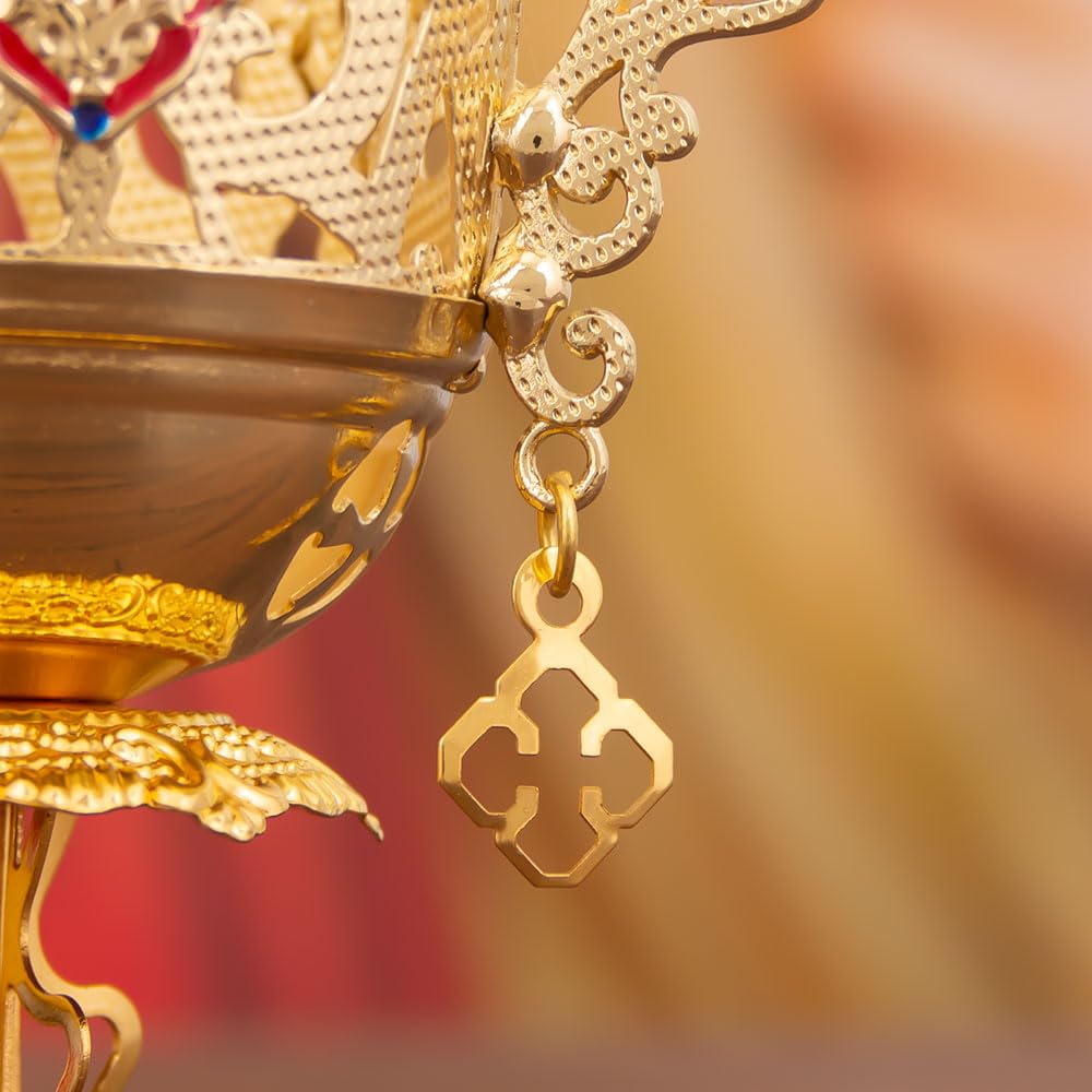 Lampe à huile chrétienne orthodoxe à suspendre, lampes à huile orthodoxe avec tasse en verre rouge, pour cérémonies religieuses et usage quotidien (diamant bleu avec boucles d'oreilles et