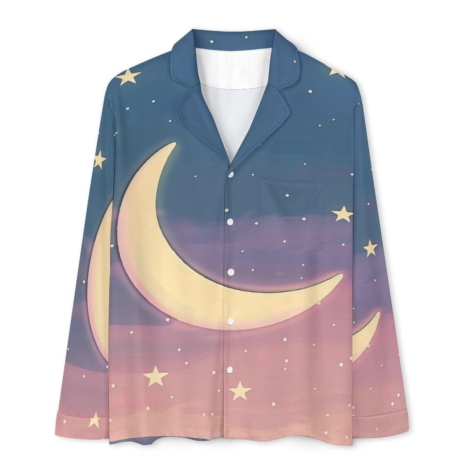 Pigiama Blu Uomo Cotone Primavera Luna della Sera Pigiama da Notte con Bottoni Pigiami Due Pezzi Maniche Lunghe Camicia e Pantaloni con Tasche