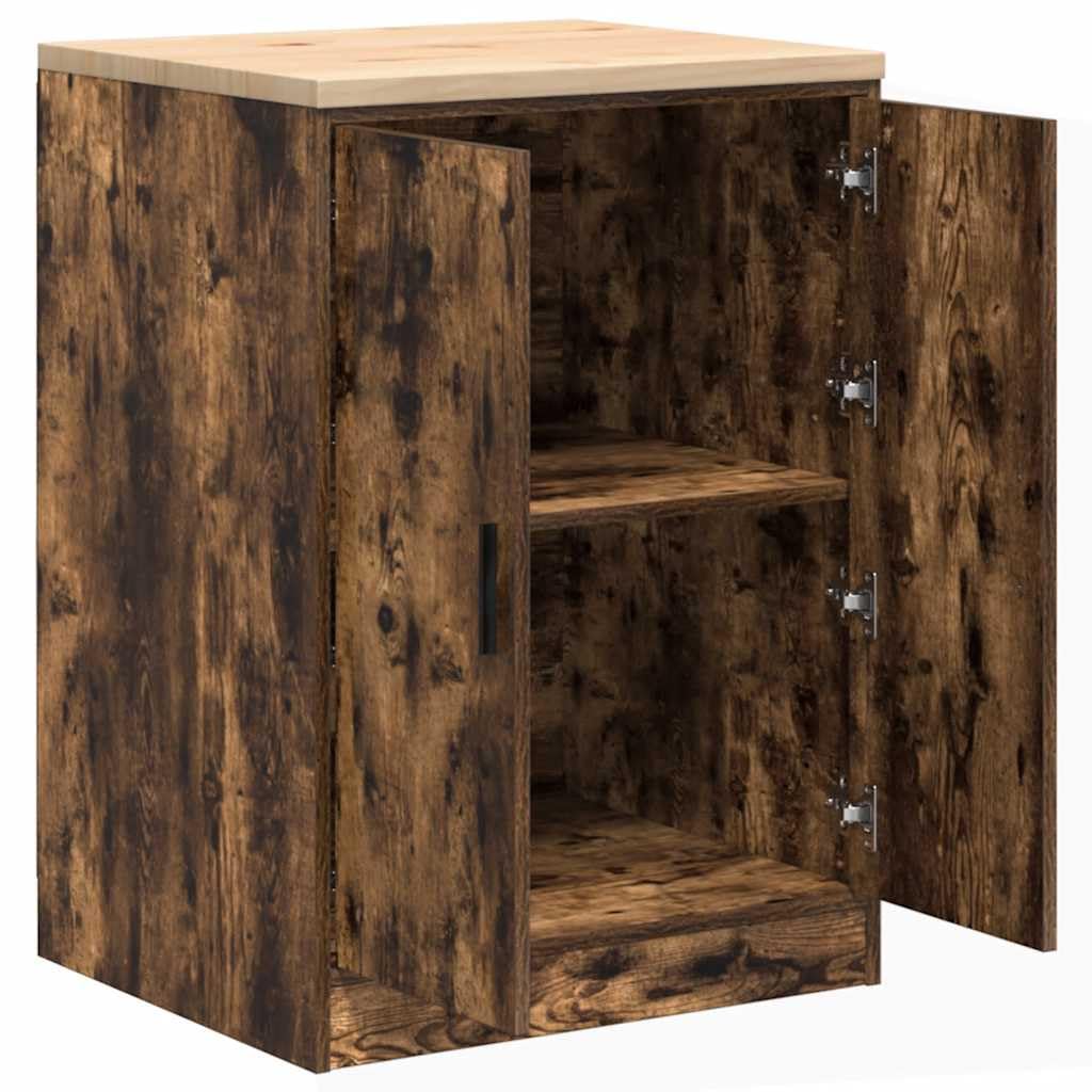 Garagenschrank Räuchereiche 60x51x85 cm Werkzeugschrank mit Massivholz Kiefer Arbeitsplatte, Stabiler Aufbewahrungsschrank mit 2 Fächern für Werkstatt, Garage und Keller