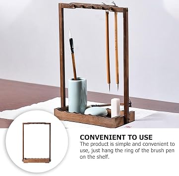 Cabilock Chinese Brush Shelf Pen Hanger Wood Brush Stand Rack Hanger with 10 Pins Calligraphy Sumi Painting Brush Pen Holder