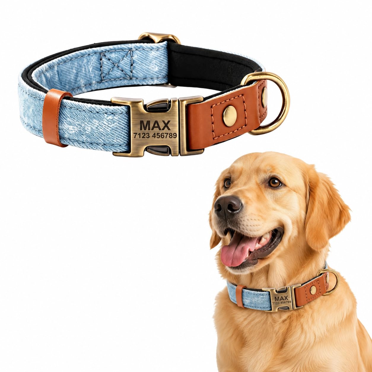 Personalised Denim Dog Collar with Name and Phone Number (Light Blue, L)