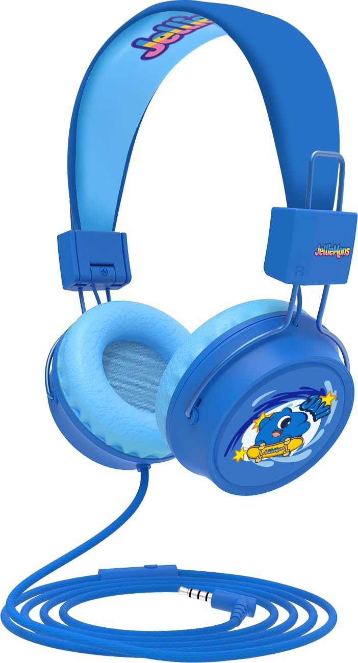 Booma Beats Wired Headphones for Kids, 3.5mm Plug, Fun Characters and Colors, Volume Controls, Great for School (Blue)