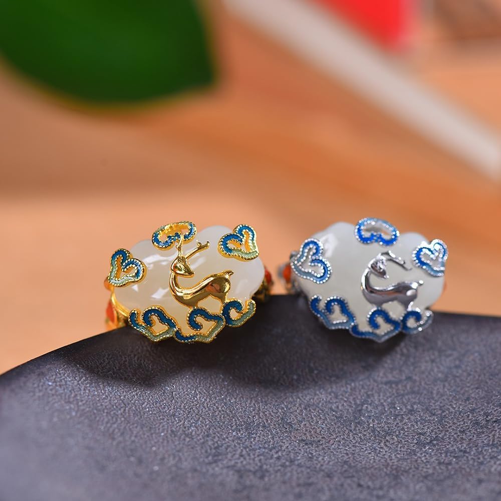 S925 Silver Inlaid Natural White Jade Ruyi Lock Enamel Deer Ring Adjustable Opening Including Certificate