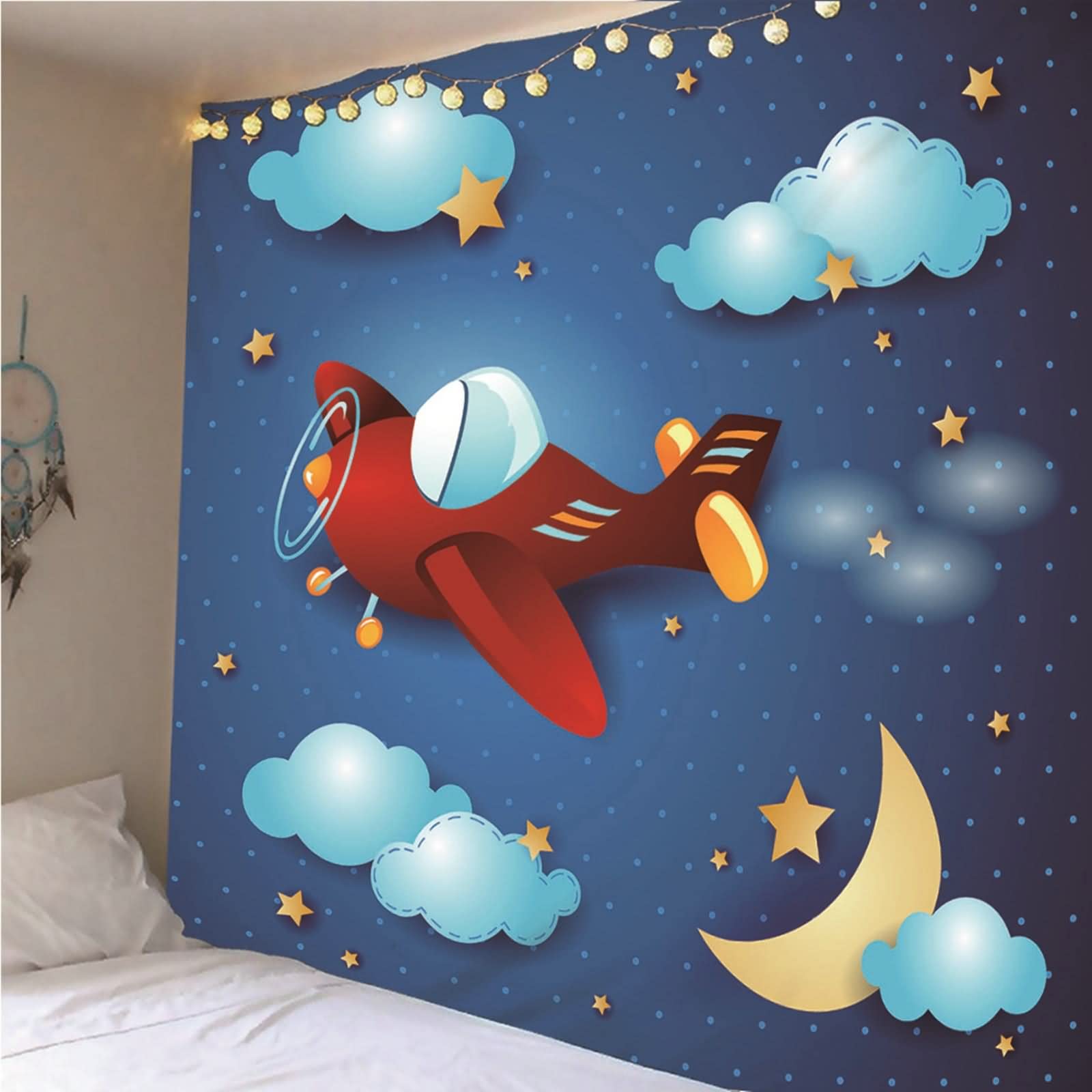Tapices Navideños, Decoración para Pared Estrellas Lunares y Avión Poliéster Rojo Azul 150x130CM