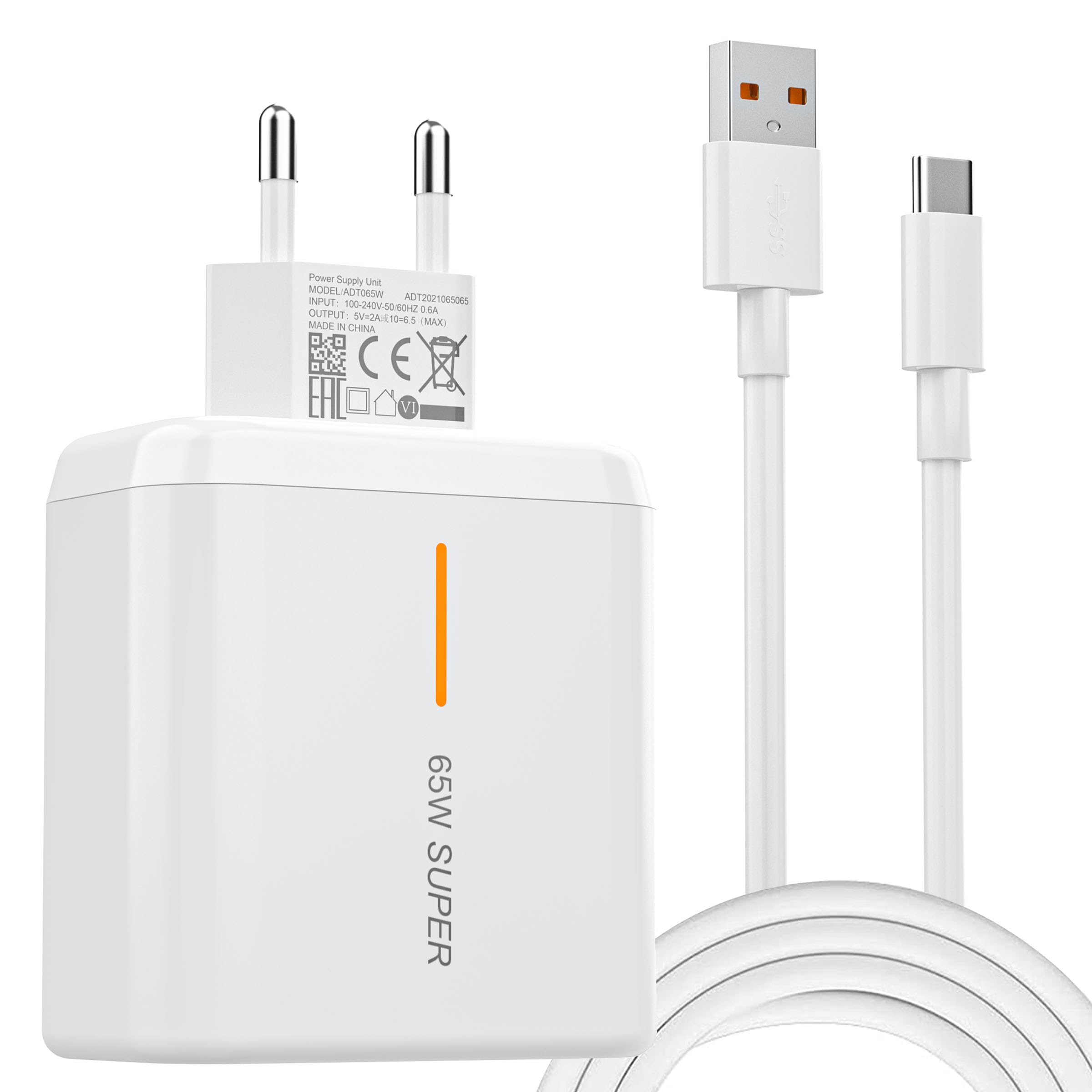 Chargeur Secteur + Câble USB Type C Compatible Charge SuperVooc 65 W Pour Oppo Reno 4, Find X2, X3, Find X3 Lite, RX17 Pro