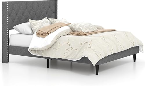 Miniatura 9 de Giantex Base de cama tapizada de tela de lino tamaño Queen, marco de cama moderno con cabecero copetudo con botones, base de colchón de listones de
