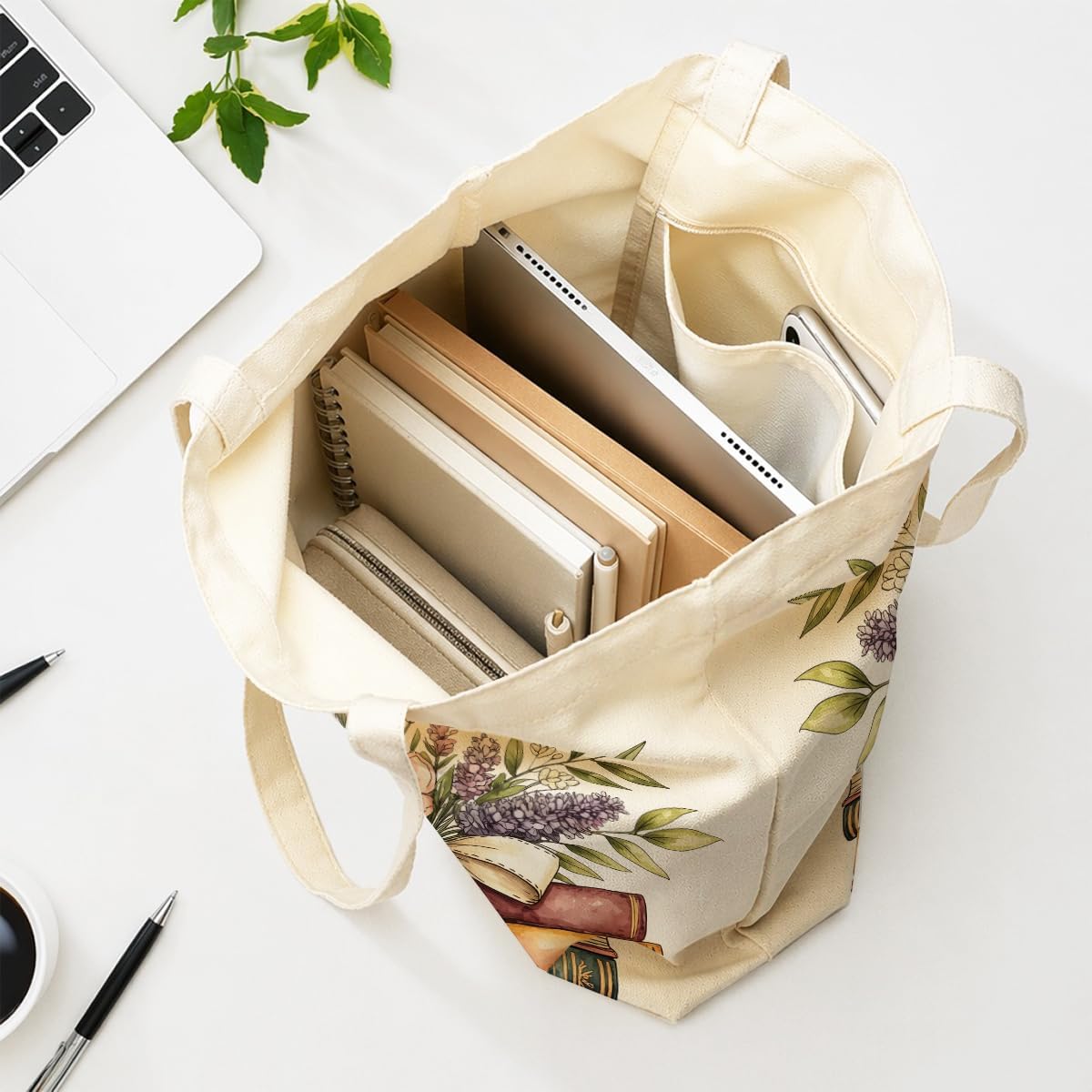 Watercolor Book Canvas Tote Bag Book Lovers Gifts for Women Birthday Christmas Reading Grocery Bag for Shopping image 3