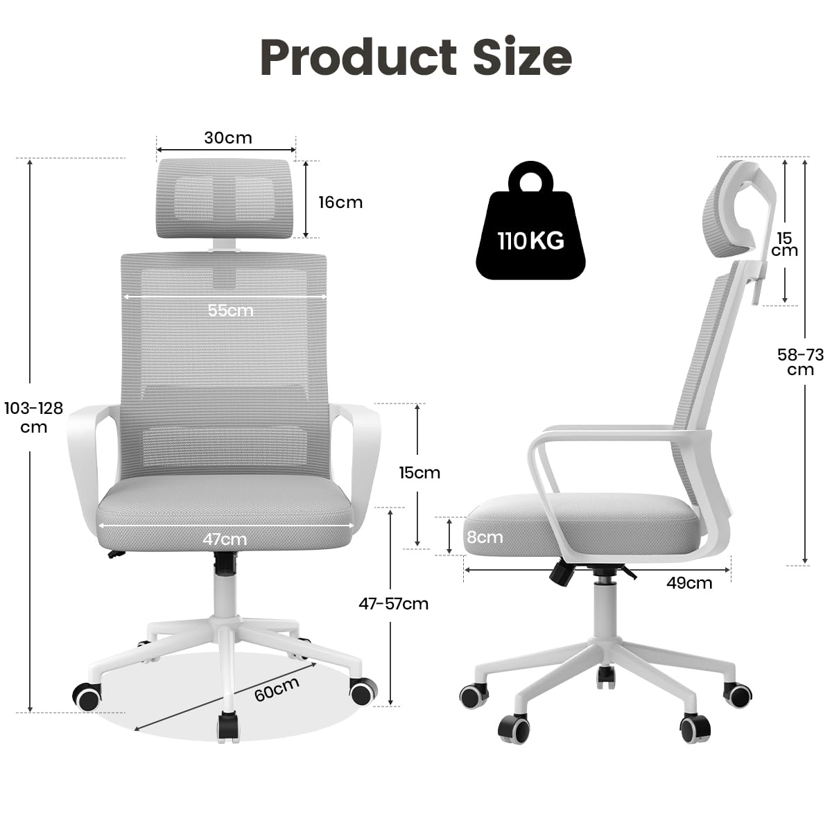 naspaluro Schreibtischstuhl Ergonomisch mit Verstellbarer Kopfstütze | Bürostuhl mit Atmungsaktivem Netzrückenlehne, Höhenverstellbar und 360° Drehbar Computerstuhl, für Arbeitszimmer, Hellgrau