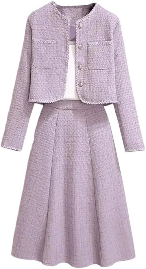 Women's Tweed 2 Piece Set Tops and Skirt Autumn Fashion Plus Size Outfit Suits
