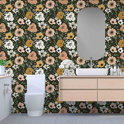 Abyssaly Vintage Floral Peel And Stick Wallpaper Boho 17.7 Inx118 In Removable Dark/Sand/Green Vinyl Self Adhesive Wallpaper Flower Wall Paper For Bedroom #TOP2