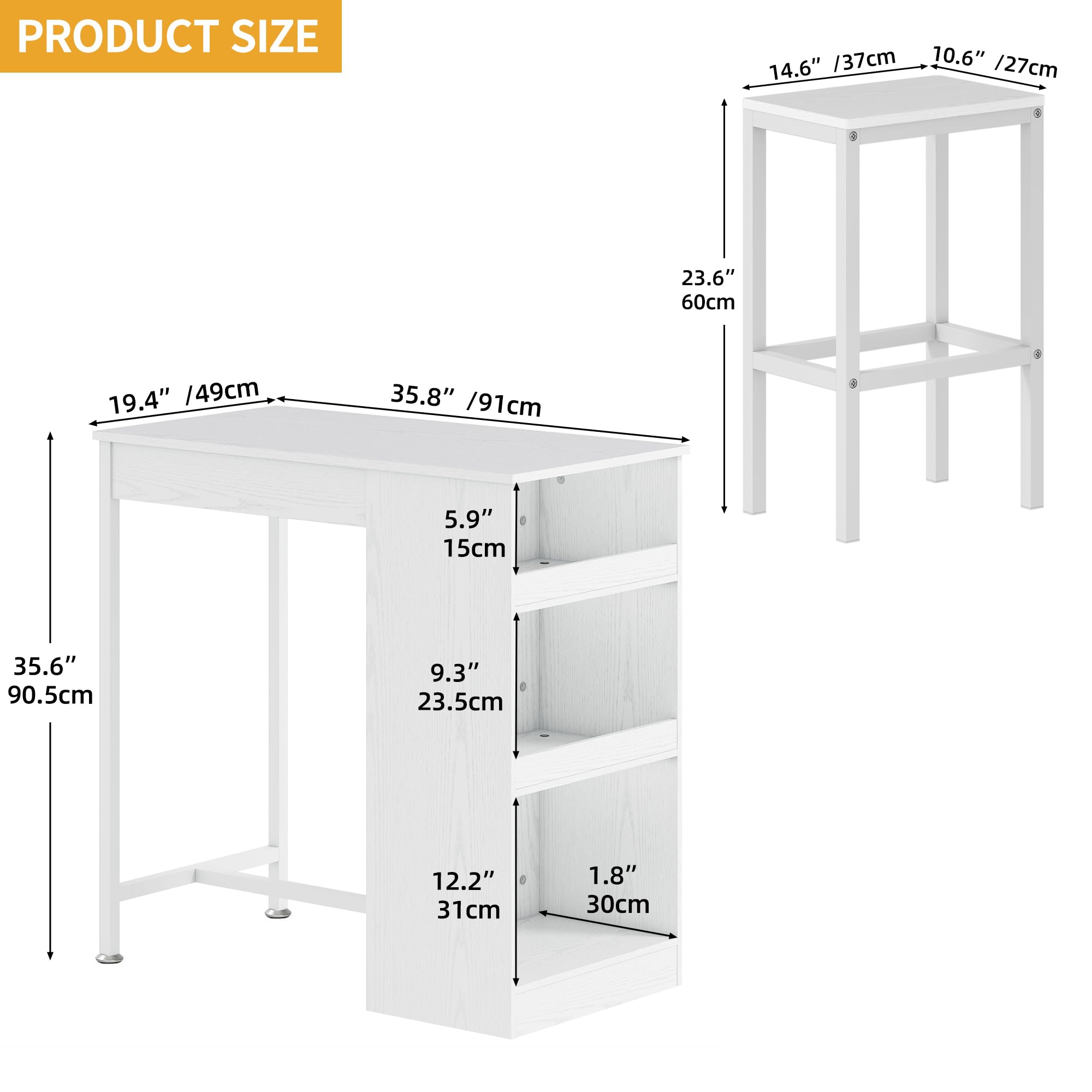DWVO Barra de Desayuno, Mesa de Bar con 2 taburetes y Estante de Almacenamiento, Juego de Mesa de Bar de Estilo Industrial para Cocina, Comedor, Pub, Color Blanco | Juego de barra de desayuno, estante de almacenamiento para cocina, comedor, pub, marco de