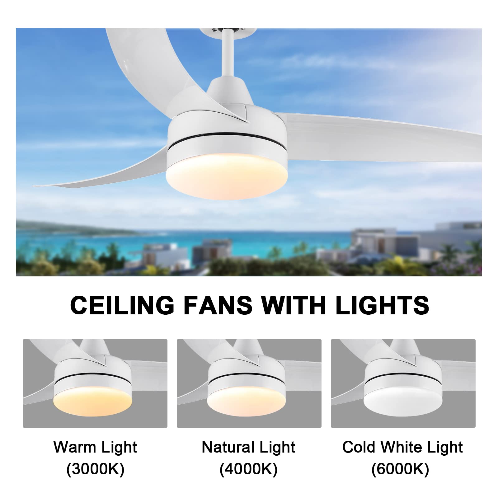 CJOY Ventilatore da Soffitto con Luce e Telecomando, 132cm Ventilatore da Soffitto Bianco Brillante Reversible Motore CC Ventilatore da Soffitto Dimmerabile LED, 3 Temperature di Colore, Timer