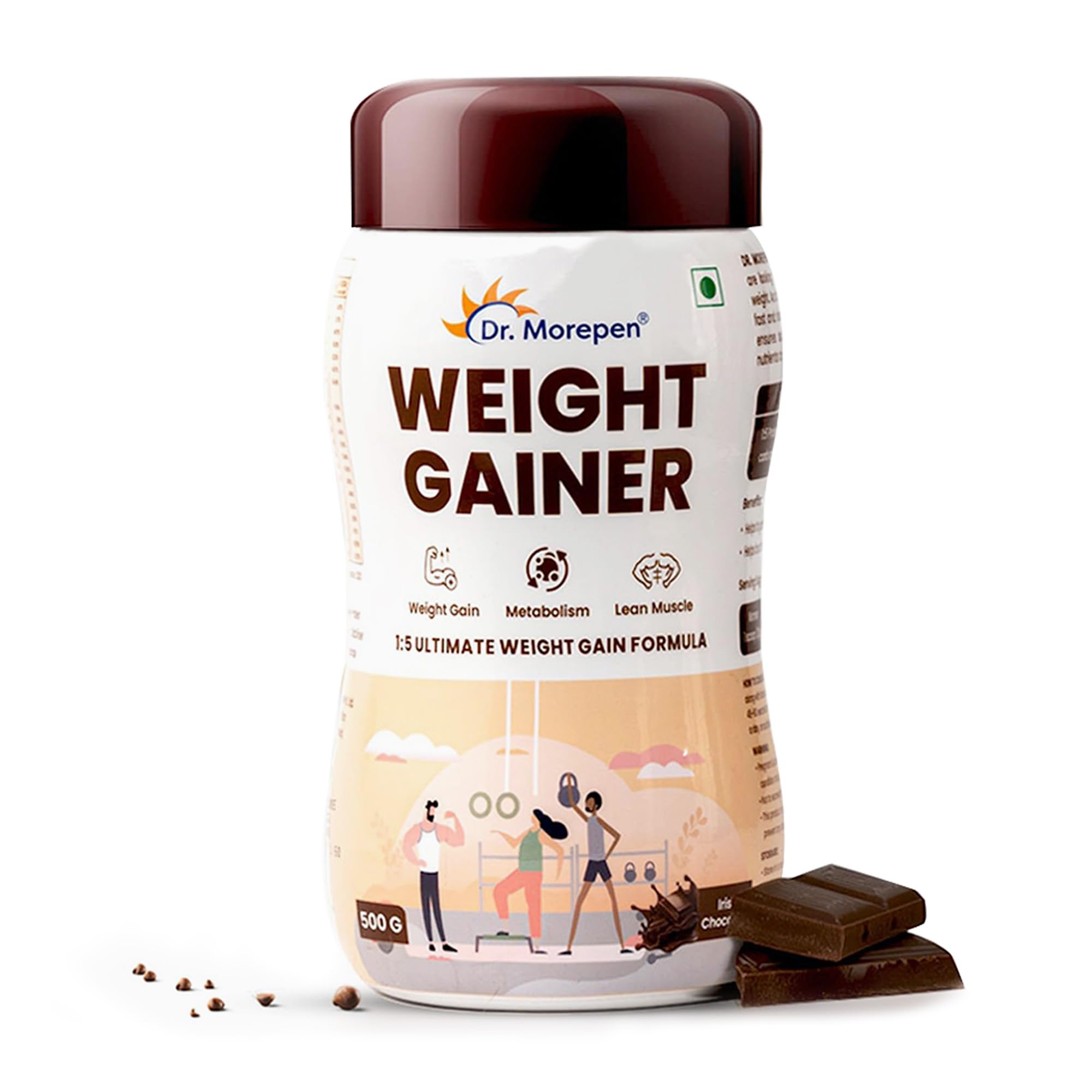 Dr. Morepen Weight Gainer/Gain Weight, Post Workout, 74 G Carbohydrate, 14.5G Protein, Healthy Fats (Irish Chocolate, 500G)|Pack Of 1