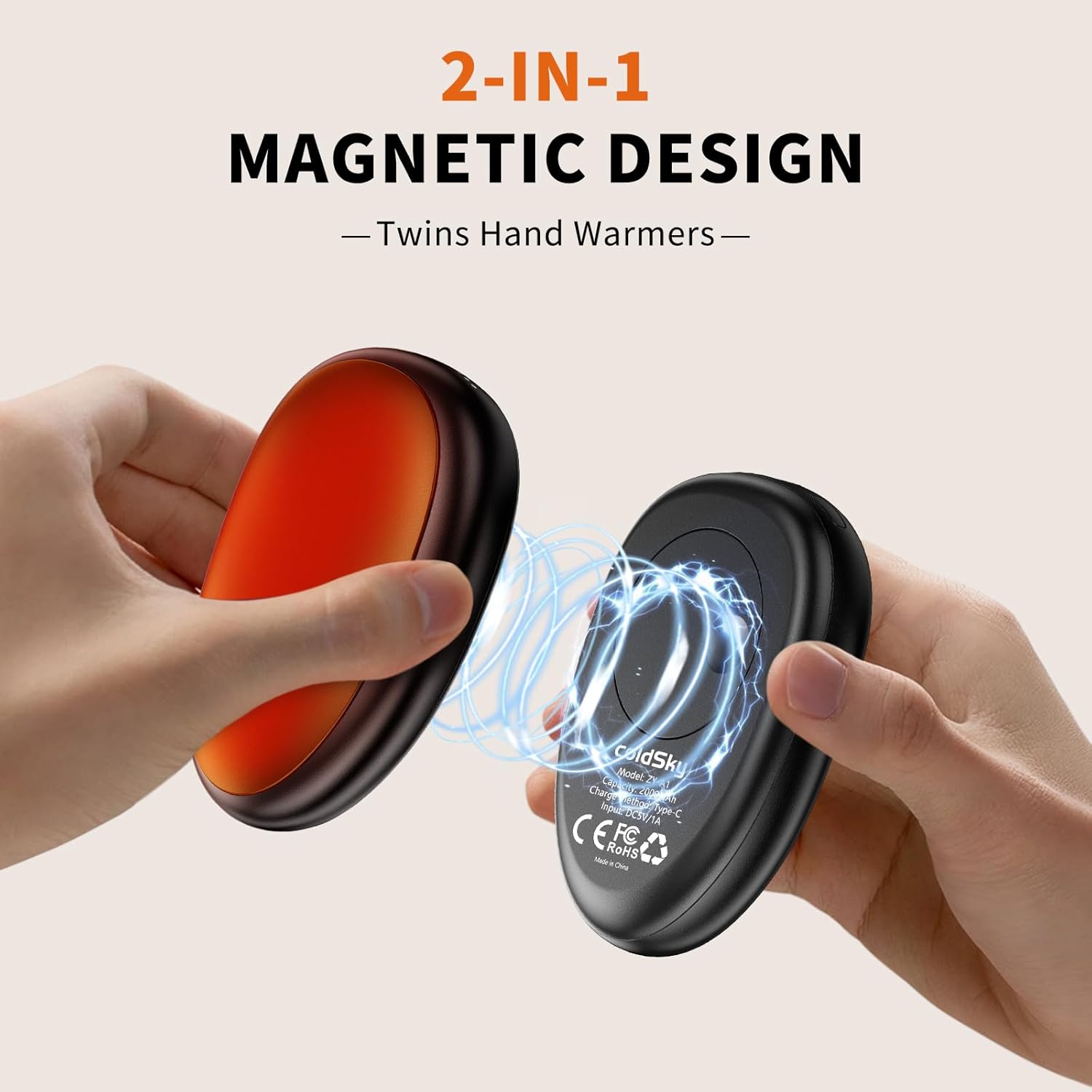 coldSky ZY-A1 hand warmers connected to charging cable