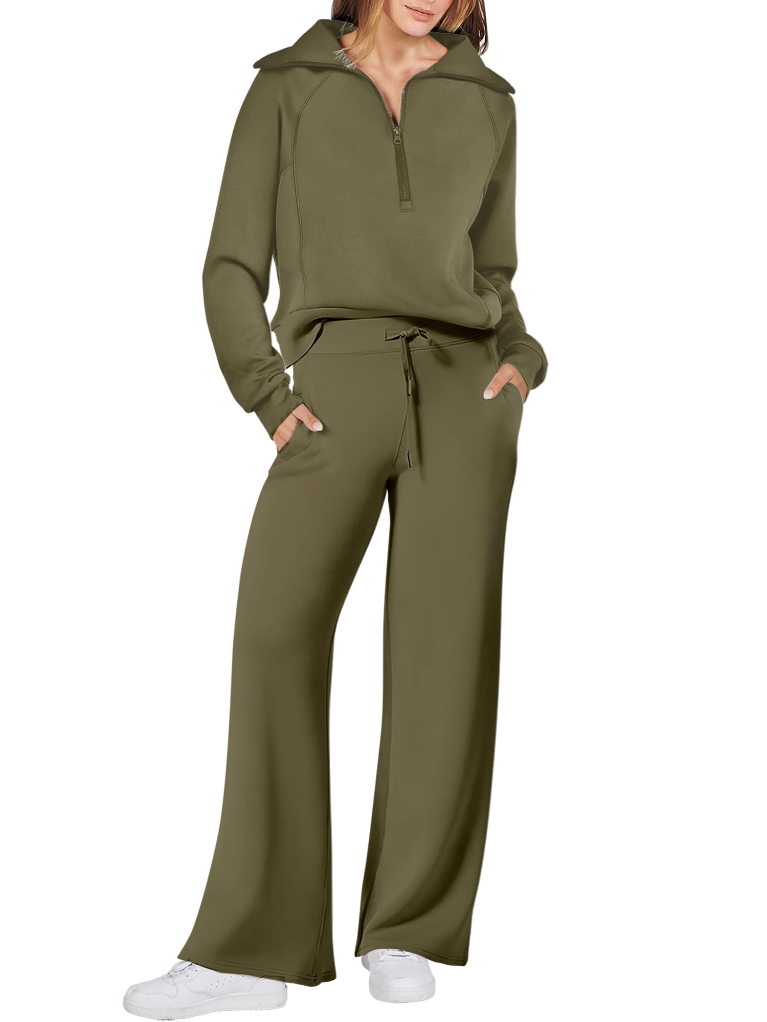 anrabess Women’s 2 Piece Outfits Half Zip Sweatshirt & Wide Leg Pants Airport Travel Lounge Matching Sets Sweatsuits Clothing-picture-46