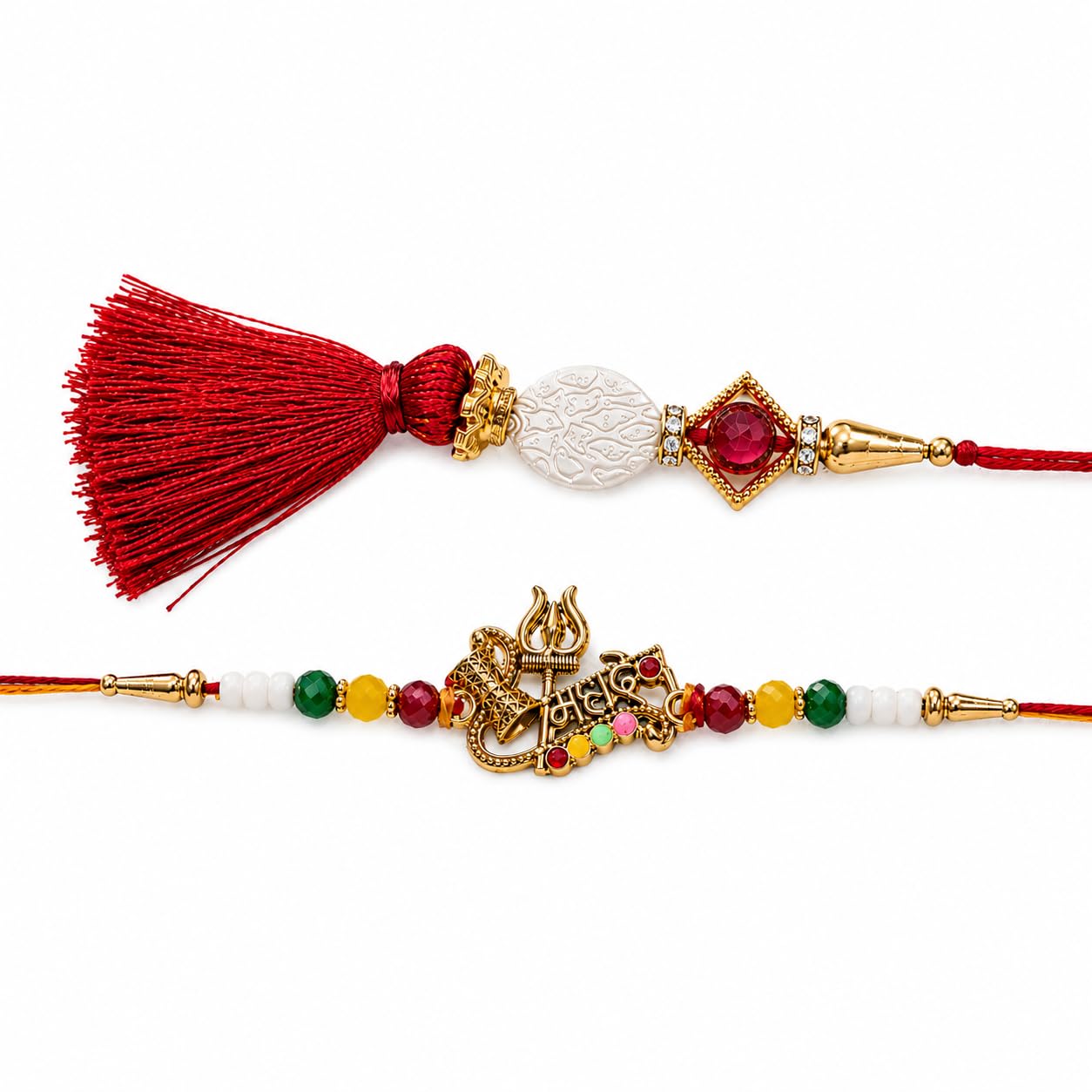 Premium Mahadev Bhaiya Bhabhi Rakhi Set with Shiv Trishul Damru Rakhi & Luxury Maroon Tassel Lumba | Handmade Religious Rakshabandhan Combo for Brother & Bhabhi | Raksha Bandhan Gift Set with Roli Chawal