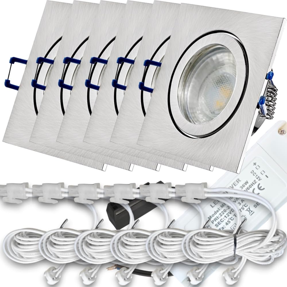 LED Einbaustrahler 12V IP44 6er Set – je 3 W Warmweiß 3000 K – inkl. LED-Trafo & AMP-Stecksystem – 120 cm Zuleitung pro Spot – für Bad, Gäste-WC & Küche – Ø 60–68 mm, Einbautiefe ca. 55 mm