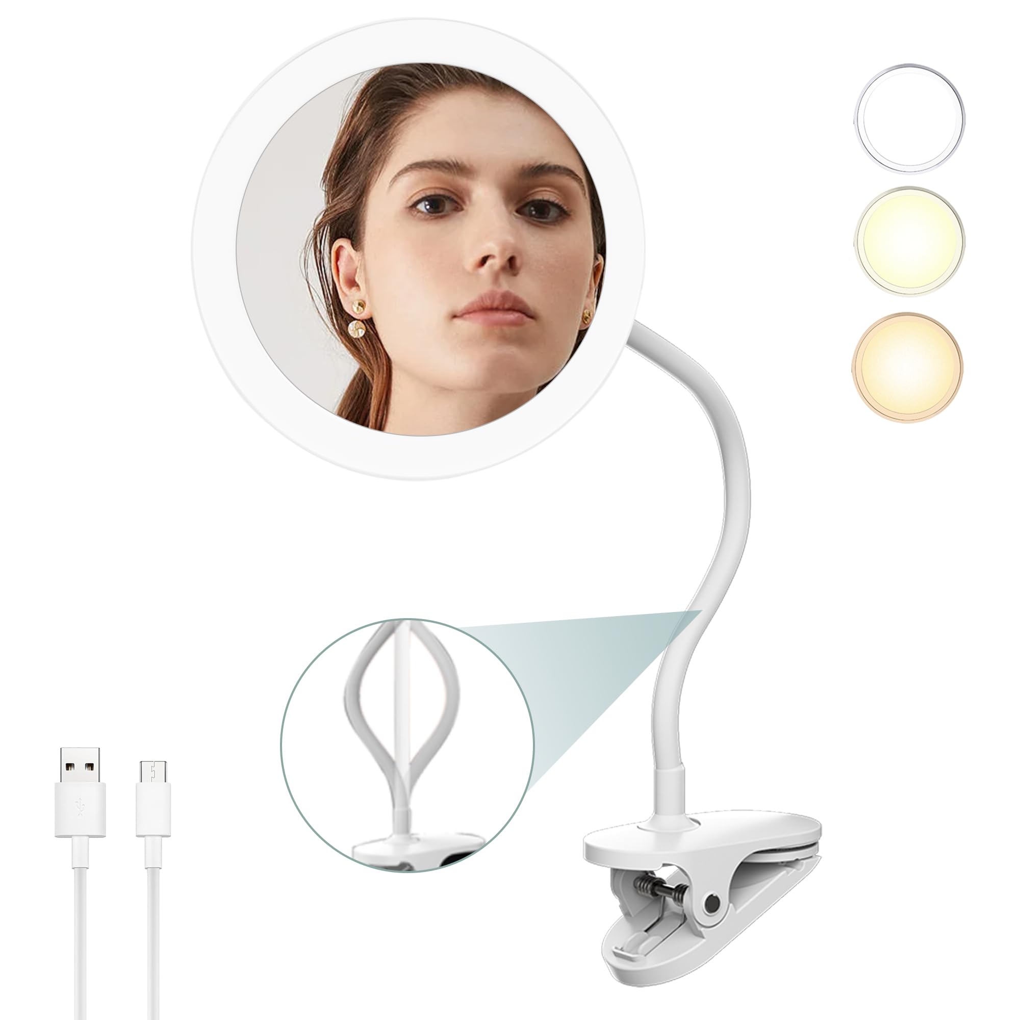 Miroir Grossissant 10x Lumineux à Clipser, 16.5cm Diamètre Miroir Grossissant Lumineux Pince, 2000mAh Rechargeable par USB, Miroir Grossissant a Pince (Blanc 10X)