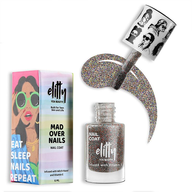 Elitty Nail Polish For Women, Long Lasting Nail Coats, 12 Toxin Free, Infused with Witch Hazel, Vit E, Vegan & Cruelty Free, Shimmer - It's a Vibe (Multi), 6 ML