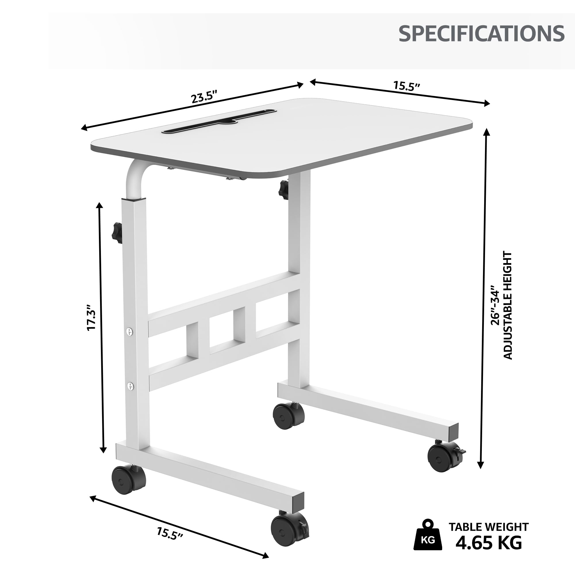 Umi Wooden Multipurpose Adjustable Height Adjustable Rolling Side Table with Wheels for Home, Study, Office and Bedroom - (White) 2