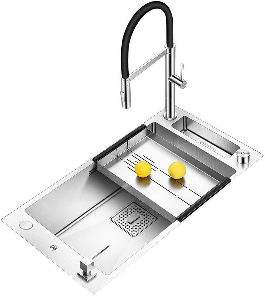 WZXCV home Kitchen Sinks Thick Stainless Steel Single Tank Kitchen Sink Large Sink Dishwasher Pull-out Faucet Multifunctional Storage Tank Seven-piece Set Kitchen Sinks. (Silver Grey 76 * 43 * 22CM)