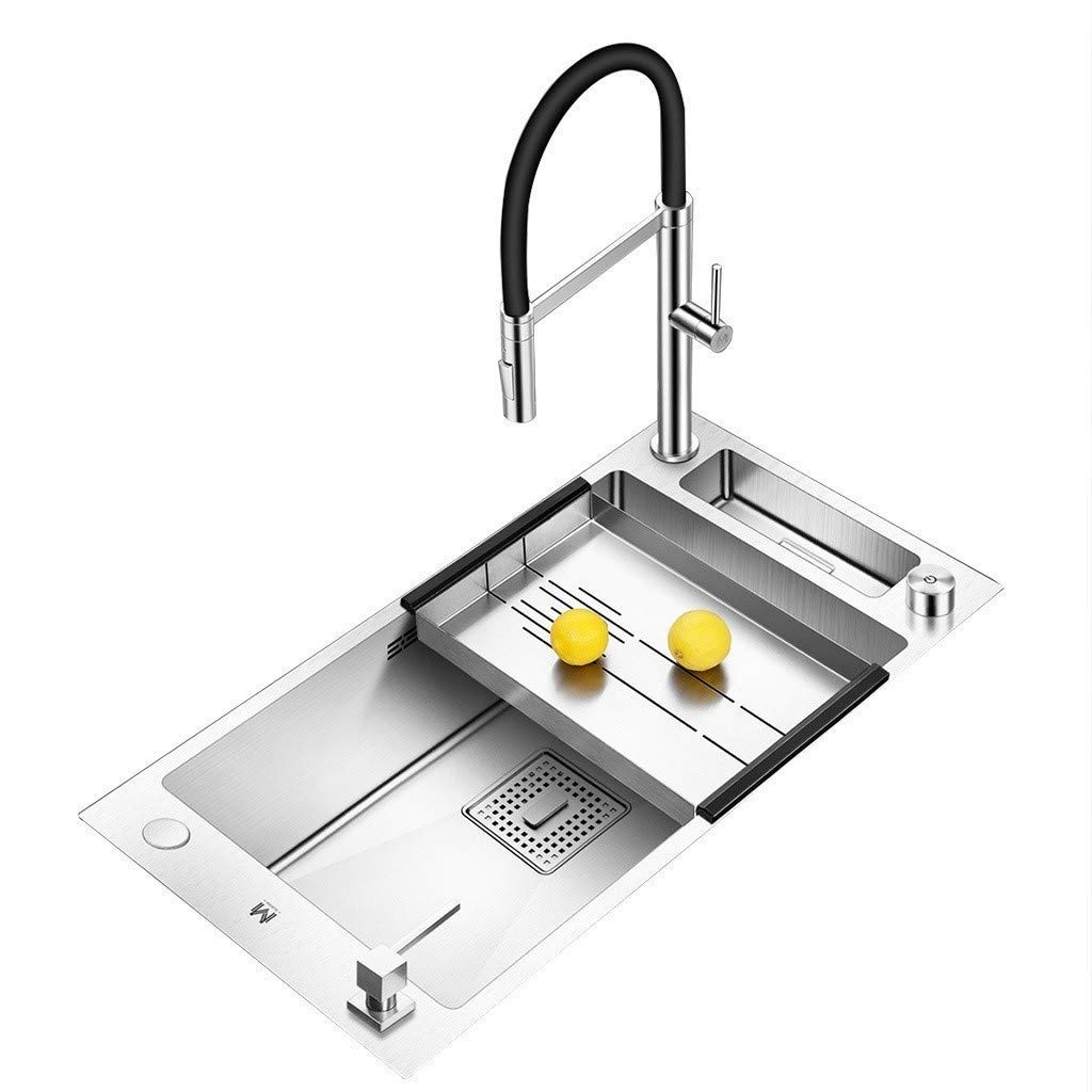 WZXCV home Kitchen Sinks Thick Stainless Steel Single Tank Kitchen Sink Large Sink Dishwasher Pull-out Faucet Multifunctional Storage Tank Seven-piece Set Kitchen Sinks. (Silver Grey 76 * 43 * 22CM)