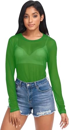 Sheer Mesh Top Long Sleeve See Through T Shirt Tops for Womens Ladies Stretchy Round Neck Tee T-Shirts