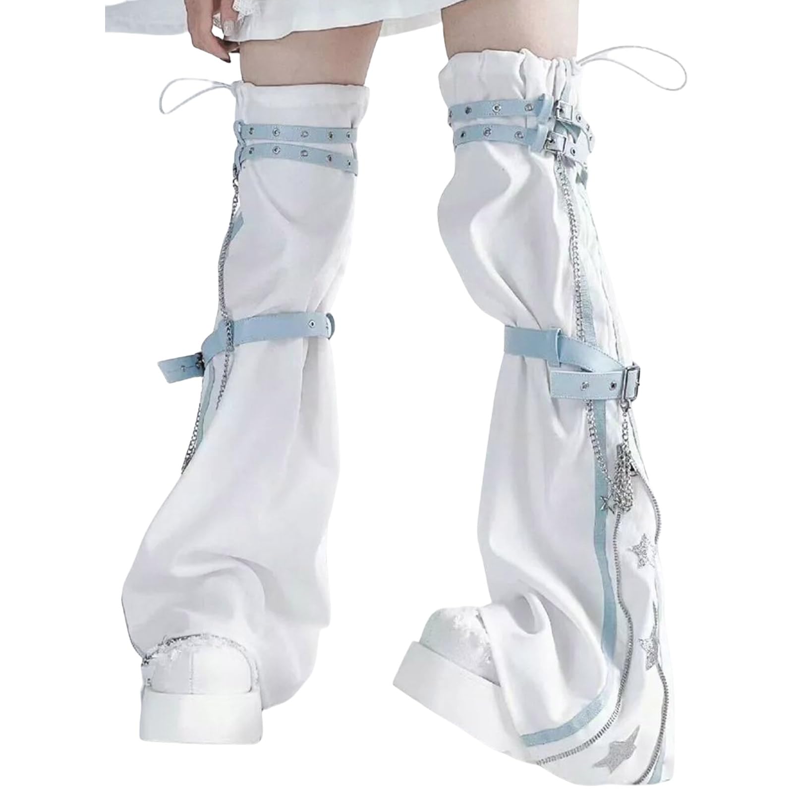 Leg Warmers Women Star Print Zippered Flared Leg Warmer Aesthetic Fashion Punk PU Harness Strap Cover Thigh Socks