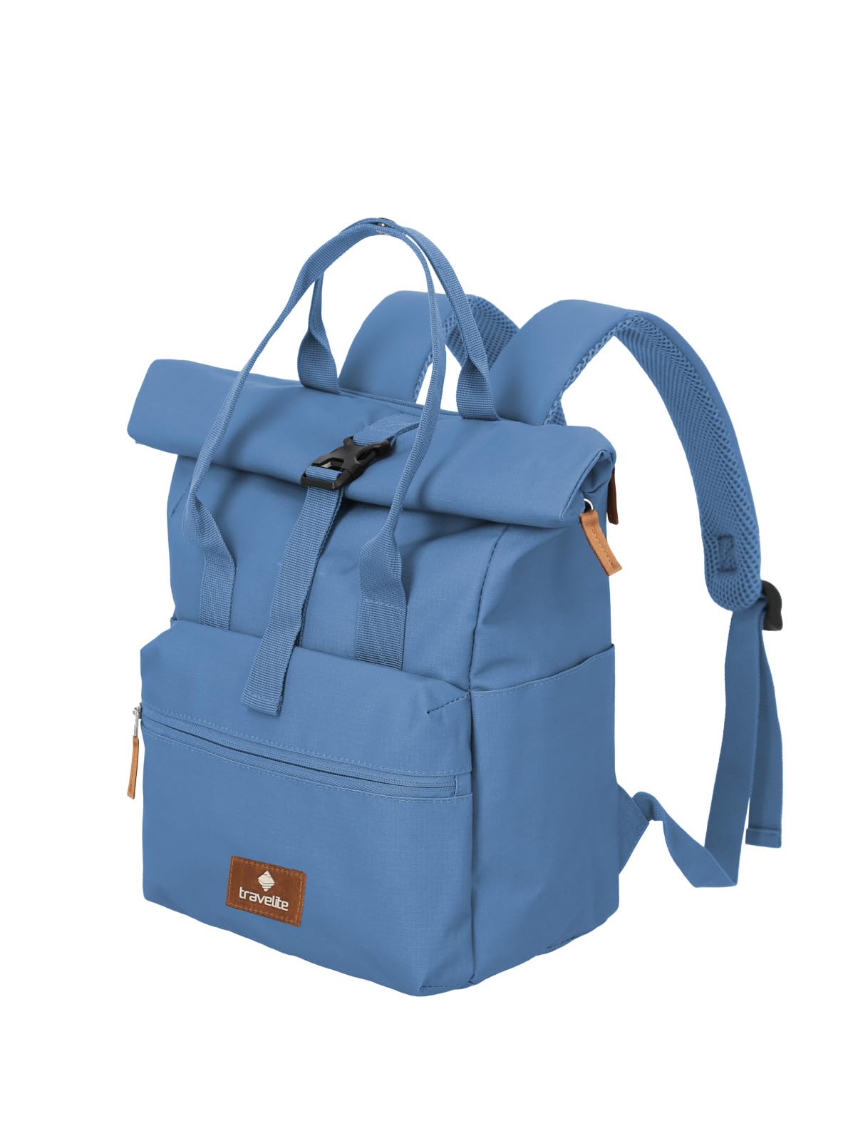 Travelite Hand Luggage Backpack, Laptop Backpack, 14 Inches, Basics Short Handle Rollup, Travel Backpack Rolltop Function, denim, bis 46 cm, Rollup backpack with laptop compartment