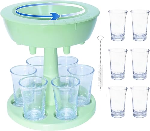 Buffalito - Dispensador de vidrio para 6 chupitos con 6 vasos transparentes de 2 onzas, vasos de chupito de vertido múltiple para fiesta, color verde