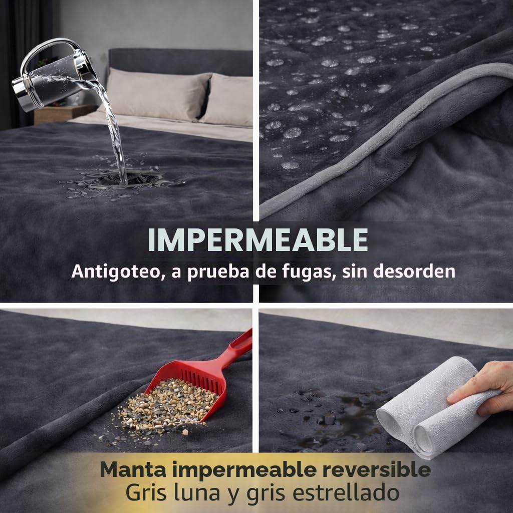 Manta impermeable King, a prueba de derrames y manchas, sin desorden (gris luna y gris estrellado, 90 x 108 pulgadas)