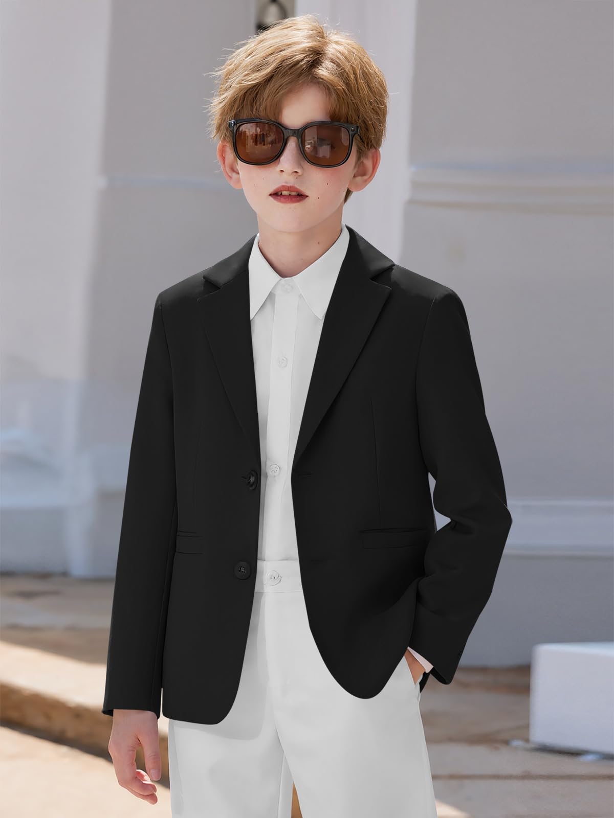 Haloumoning Jungen-Blazer, Kinder, lässig, zwei Knöpfe, Sportmäntel, Anzugjacke mit Taschen, 5–14 Jahre