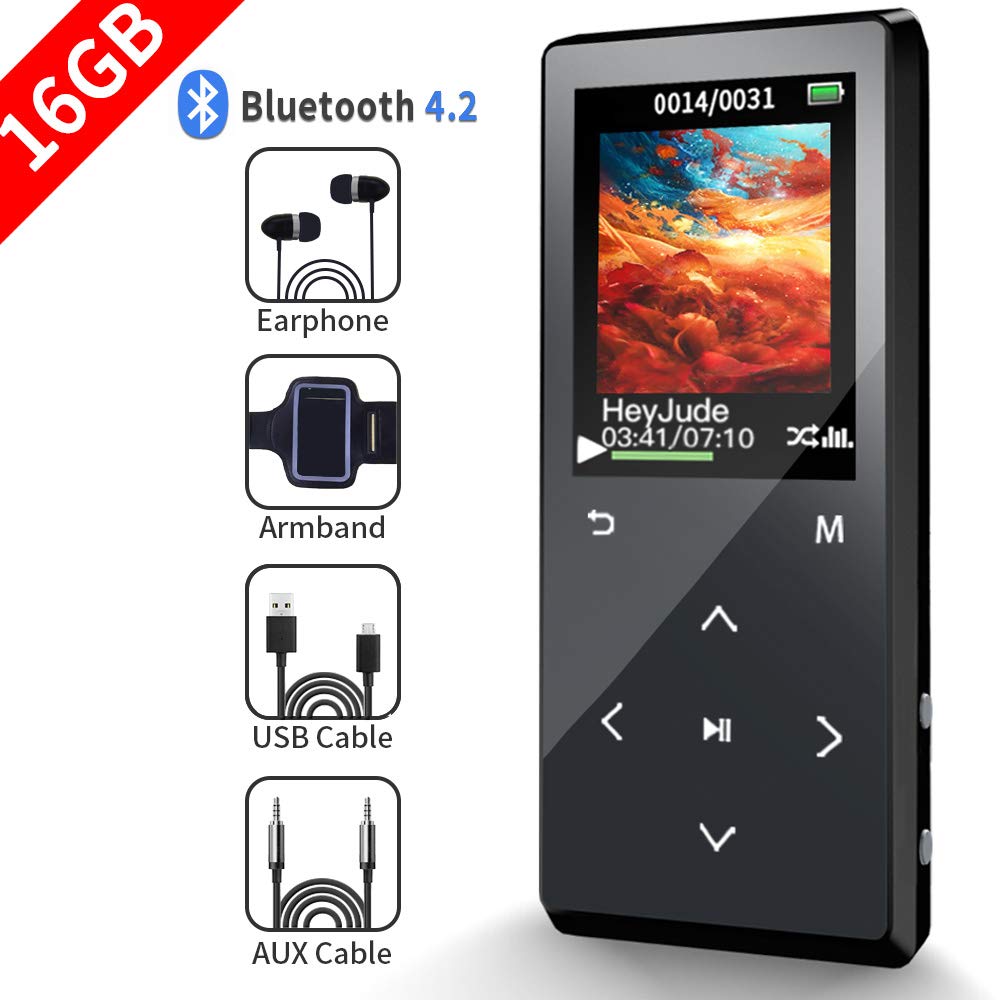 MP3 Player, SUNNZO 16GB MP3 Player with Bluetooth HiFi Lossless Sound Portable Metal Music Player with FM Radio, Voice Recorder, Pedometer, Earphone, and Large Screen, Black