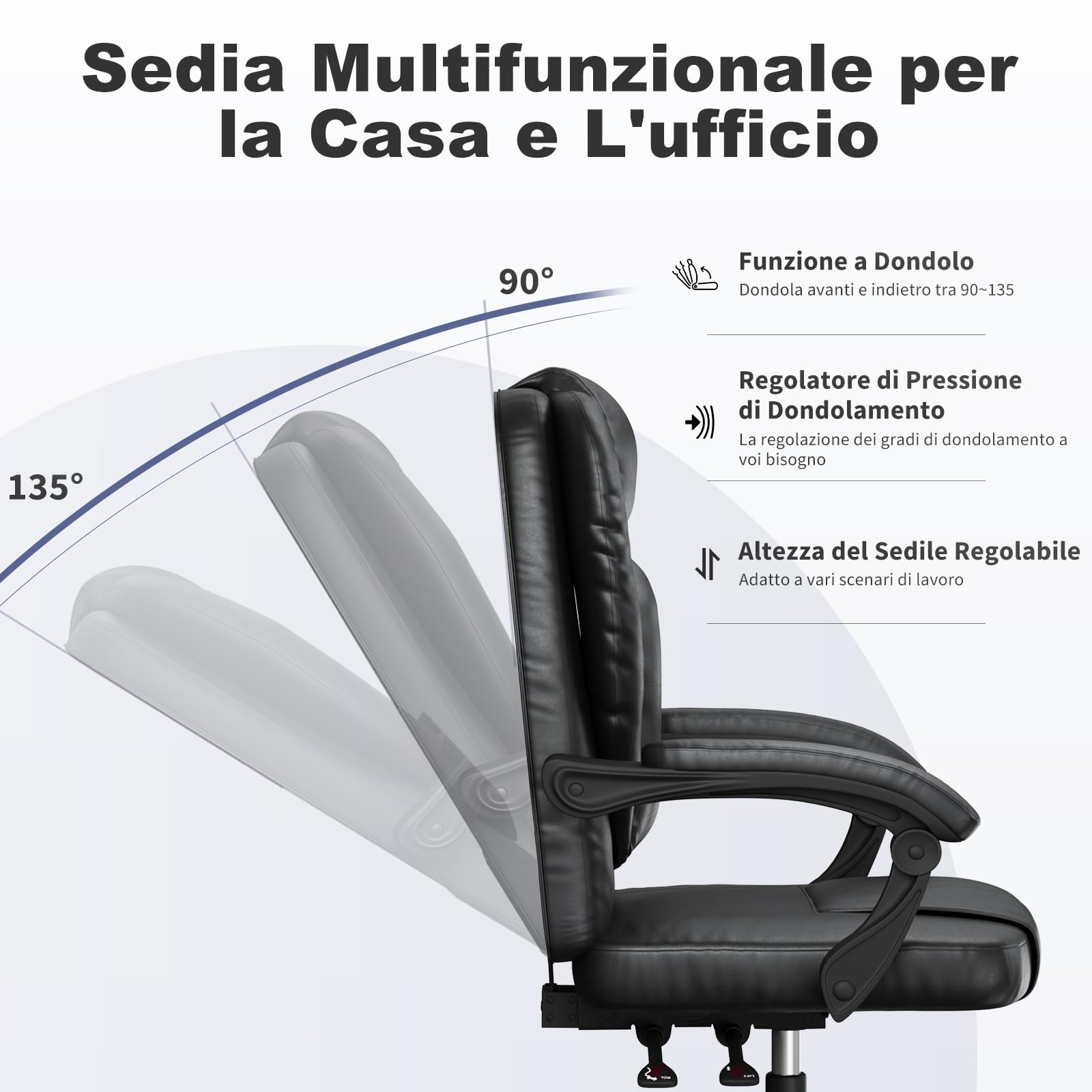 naspaluro Sedia da Ufficio, Sedia Scrivania Ergonomica Con Schienale Alto Inclinato a 135°, Sedie Girevole Confortevole in Pelle Di Alta Qualità, Sedie Sollevabile Con Cuscino a Molla, Nero