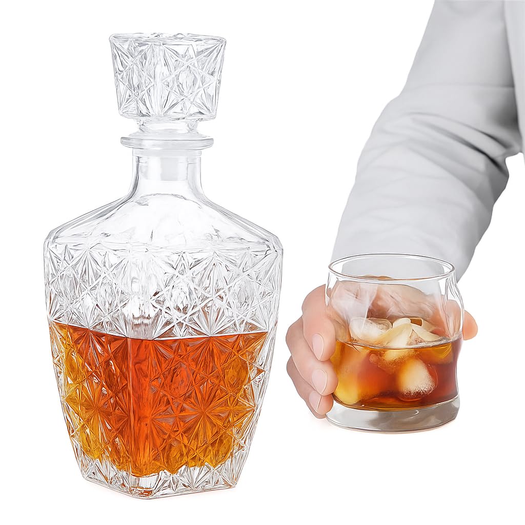 PATRANI FASHION® Crystal Clear Wine Decanter 850 ML, Set of 1 Premium Starburst Cut Liquor Decanter for Bourbon, Scotch, Whiskey, Vodka & Wine - Elegant Barware Accessories for Men, Whisky Lover