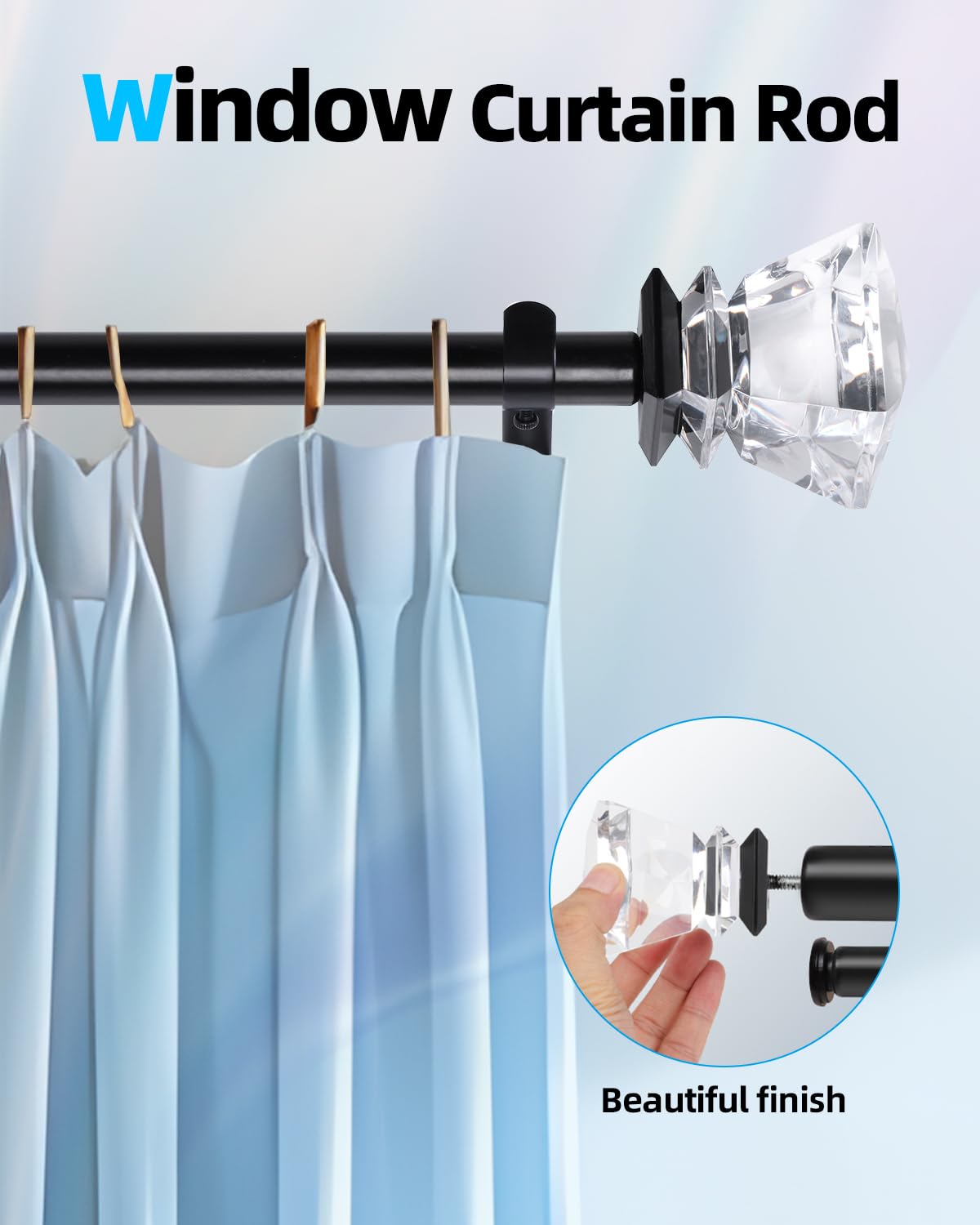 SCITOO Window Curtain Rods,1 Inch Matte Black Telescoping Curtain Rods for Windows 36-72 inch double curtain rod Diamond Acrylic Finial