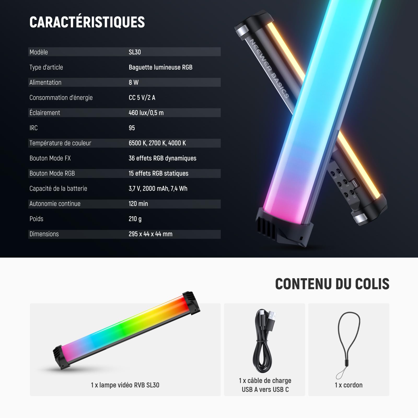 NEEWER Basique Barre Lumineuse RVB magnétique, réglable CRI95 8W Tube Lumière LED Main Tube Lighting Stick avec 51 Modes RVB, Batterie 2000mAh pour Youtube TikTok Caméra Streaming Enregistrement