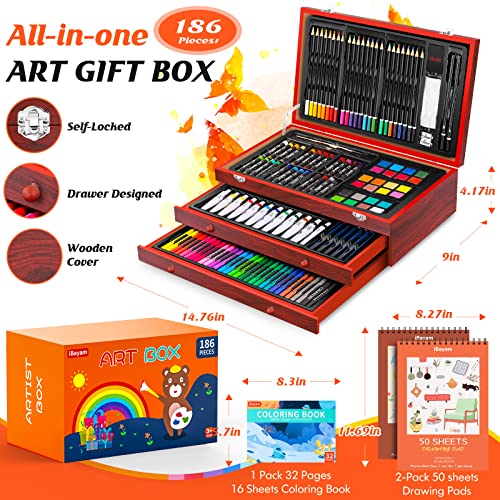 Art Supplies, 186-Pack Deluxe Art Set With 2 A4 Drawing Pads, 1 Coloring Book, 24 Acrylic Paints, Crayons, Colored Pencils, Watercake, Creative Gift Box For Adults Artist Beginners Kids Girls Boys #TOP1