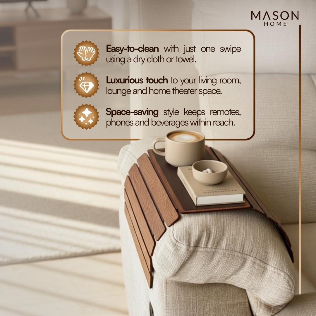 MASON HOME Elm Sofa Armrest Tray - Brown Full Grain Bamboo Wood with Anti Slip Pad | Dining Tray | Home & Office Décor | Furniture | Serving Platter for Drinks - Appetizer - Snack Bowls 4